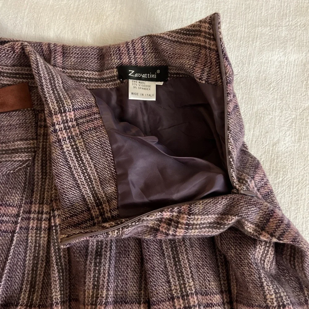 Italian vintage pleated plaid wool midi skirt with Victorian brooch M - Picture 6 of 8
